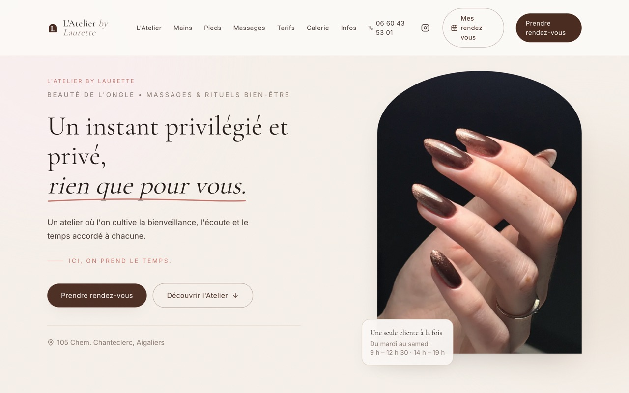 Page d'accueil du site de L'Atelier by Laurette : prise de rendez-vous en ligne et horaires